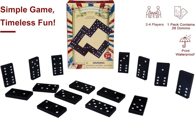 Offelec Wooden Double 6 Domino Set - 28 Tiles Black Dominoes for Kids, Adults, and Family Games Night | Ideal for 2-4 Players | Perfect for Classroom, Party, Travel, and Gifting | Classic Board Game - Image 4